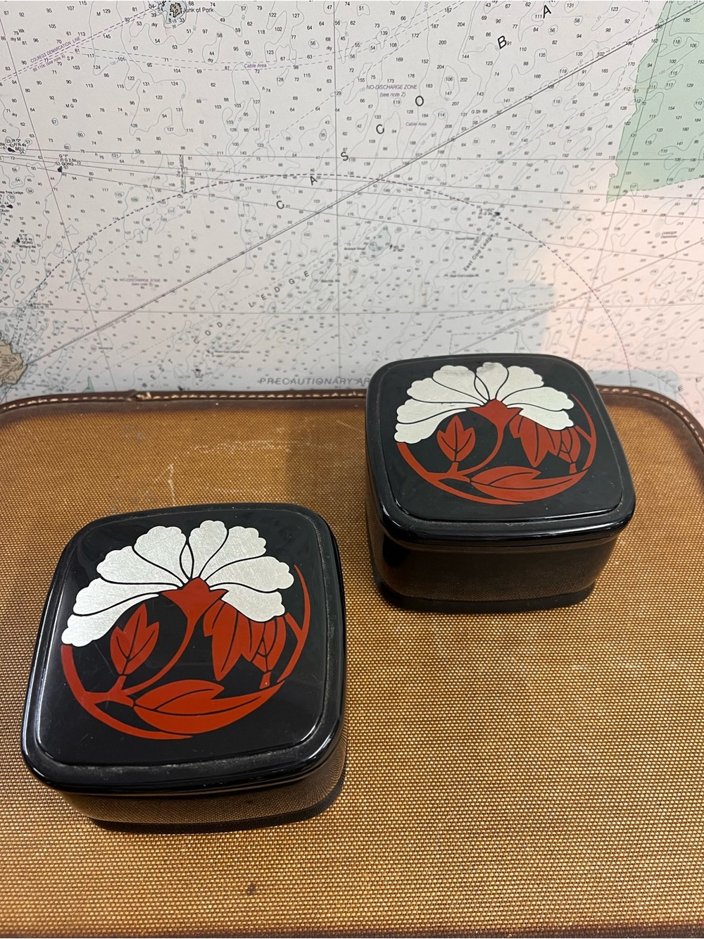 Pair of Vtg Black Powder Box Ultima II Exclusive Japan Plastic Lacquer Trinket